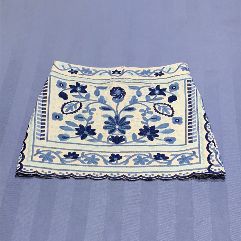 J Marie Floral Embroidered Blue and White Skirt